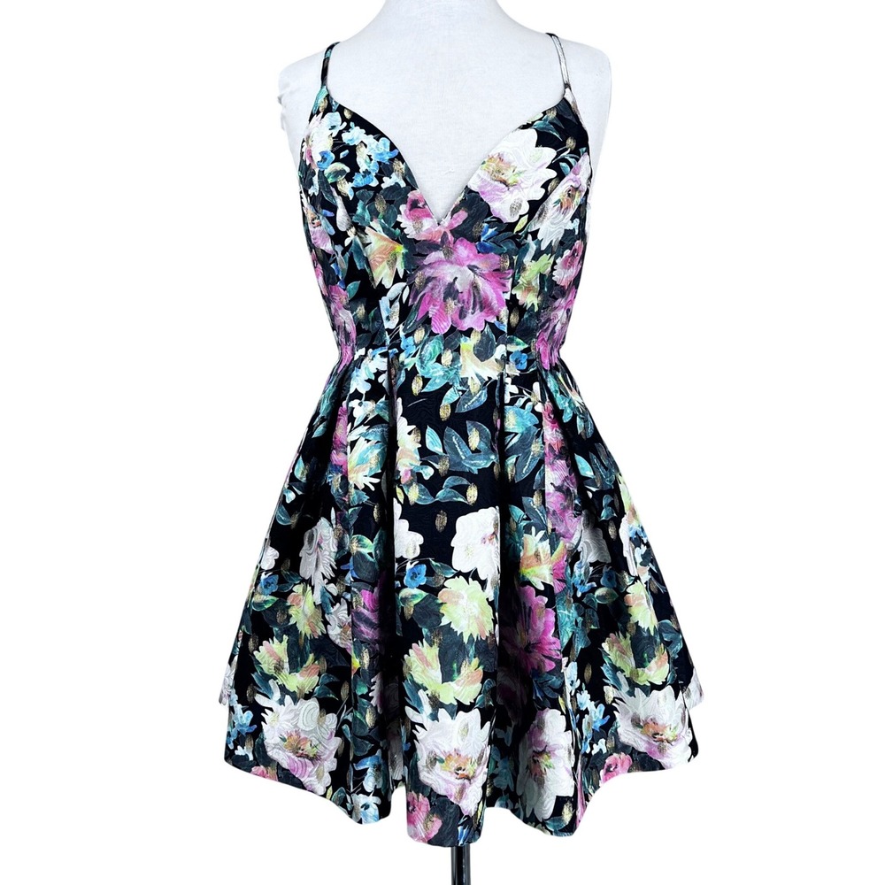 A Peach Mini Dress Kentucky Derby Black V Neck Strappy Whimsigoth Small - Picture 1 of 9